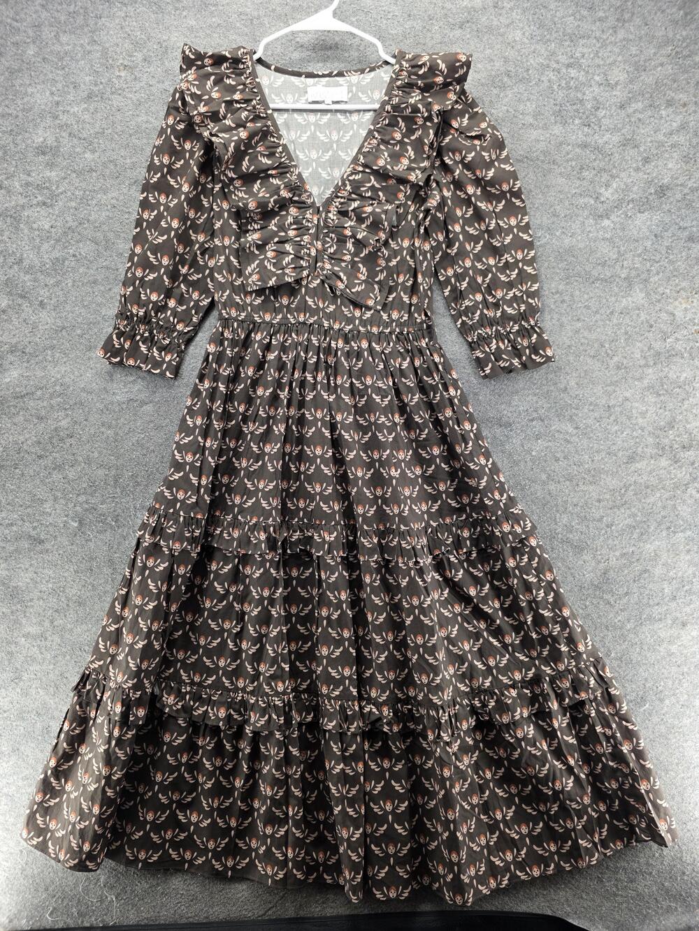 Kristinit Dress Womens XS Brown Floral Maxi Smocked Ruffle V-Neck 3/4 Sleeve